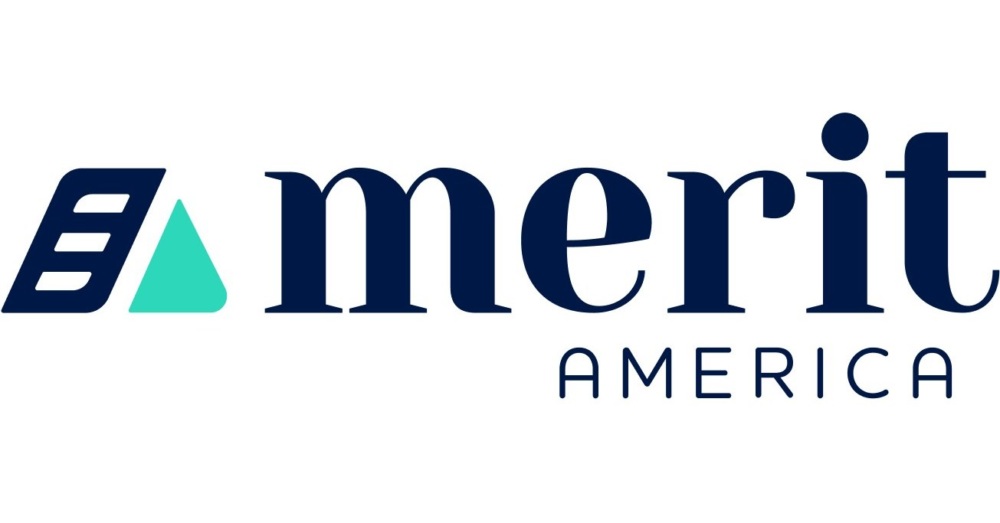 Merit America Logo, blue title text with triangular geometric teal and blue logo.